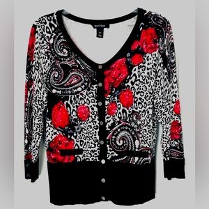 WHBM Holiday sweater cardigan with roses and rhinestones!  Size Small